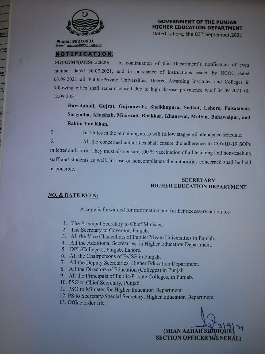 Closure of Universities, Institutes, and Colleges in Punjab w.e.f 06-09-2021
