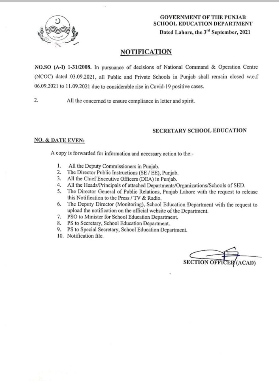 Notification of Closure of Schools in Punjab w.e.f 06-09-2021