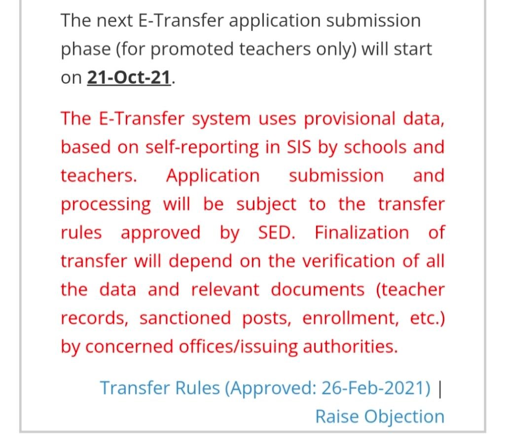 E-Transfer Phase (for promoted teachers only) will start on 21-Oct-21.