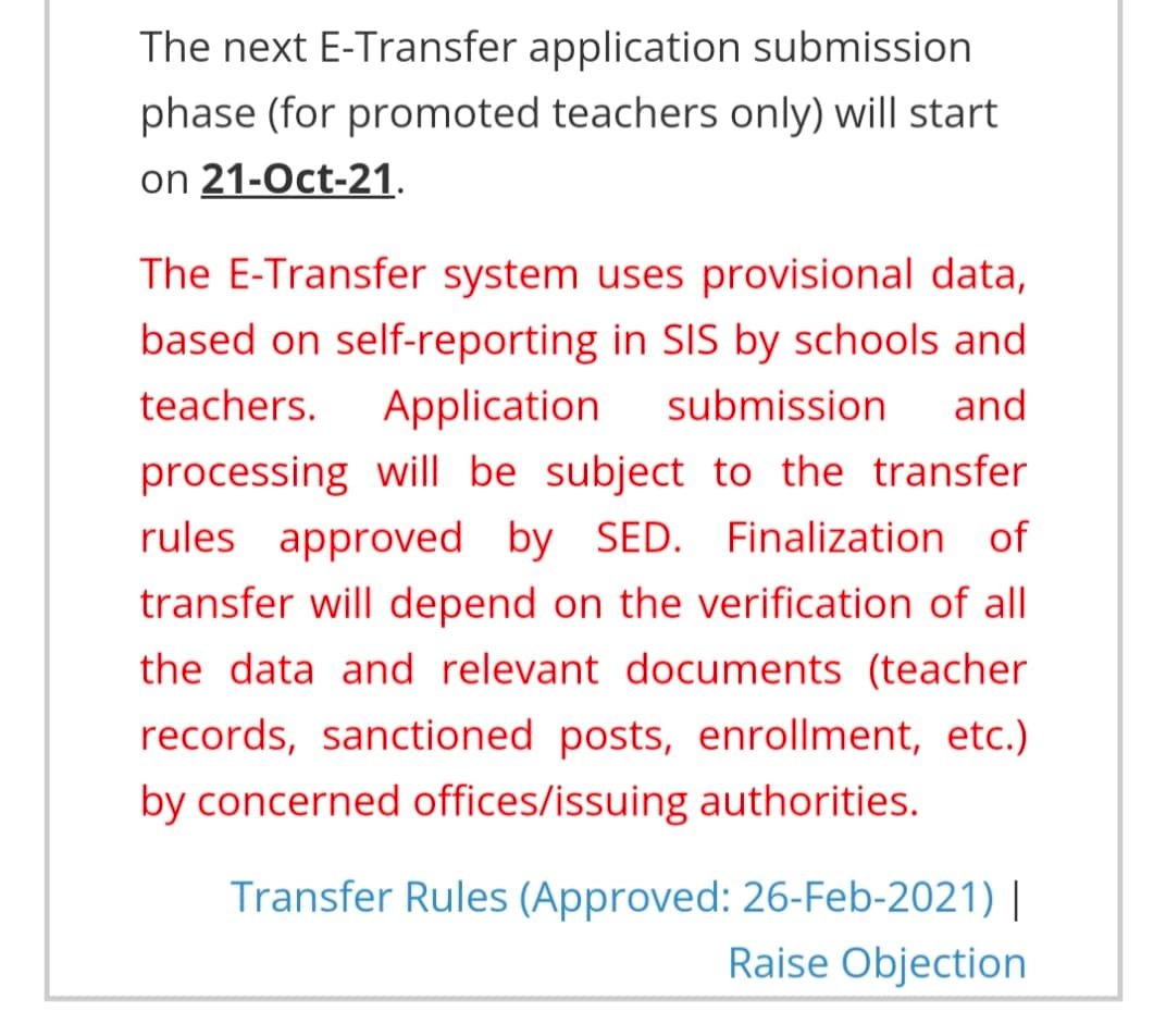 E-Transfer Phase (for promoted teachers only) will start on 21-Oct-21.