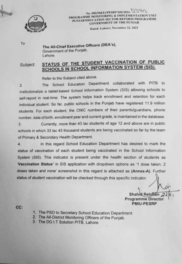 STATUS OF THE STUDENT VACCINATION OF PUBLIC  SCHOOLS IN (SIS)