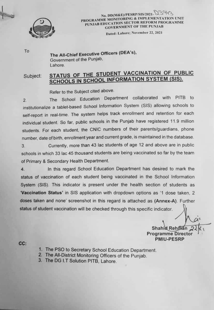 STATUS OF THE STUDENT VACCINATION OF PUBLIC SCHOOLS IN (SIS)