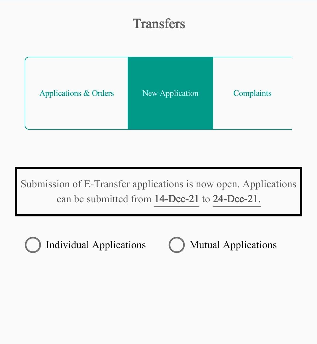 Submission of E-Transfer applications is now open till 24-12-2021