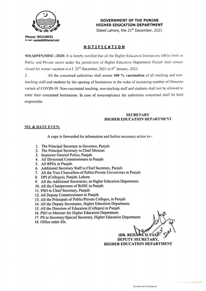 NOTIFICATION OF WINTER VACATION 2021 IN ALL UNIVERSITIES OF PUNJAB