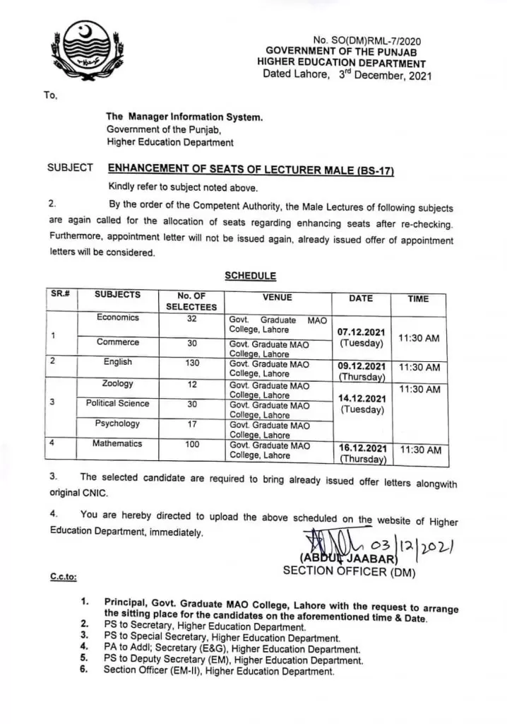 Notification of Increase in Lecturer Male (BS-17) Seats in PPSC 2021