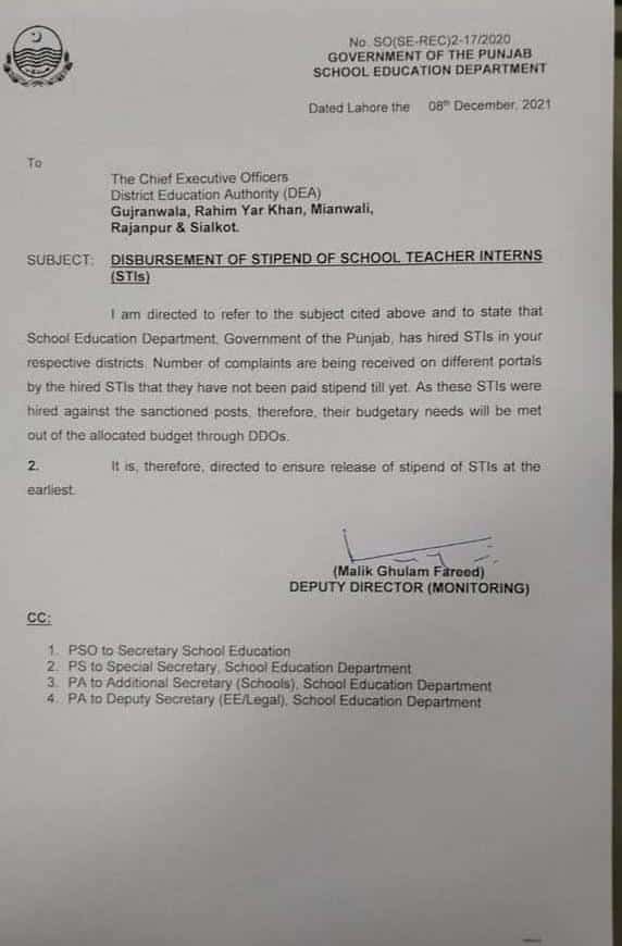 Disbursement Of Stipend Of School Teacher Interns (STIs) | SED Punjab