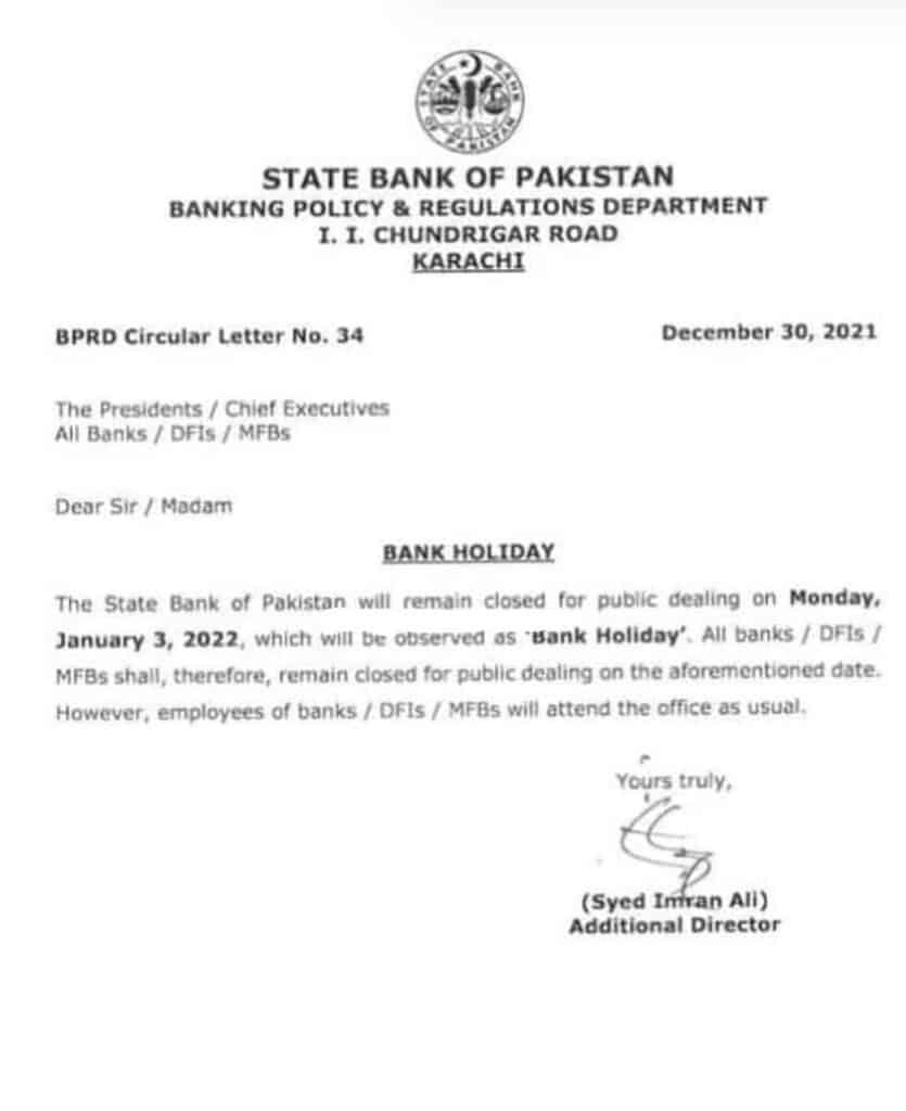 NOTIFICATION OF BANK HOLIDAY ON 03 JANUARY 022