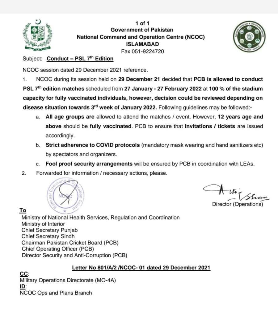 Conduct of PSL (Pakistan Super League) 7th Edition 2022 | NCOC