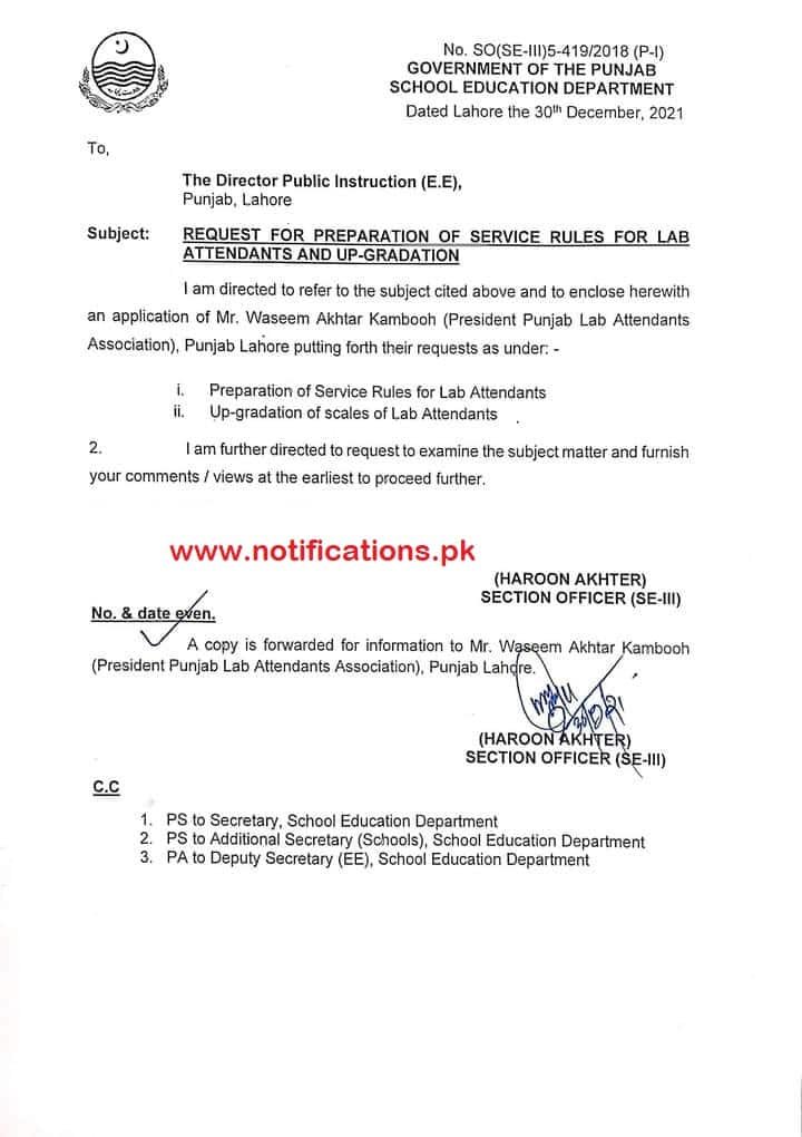 REQUEST FOR PREPARATION OF SERVICE RULES FOR LAB ATTENDANTS AND UP-GRADATION