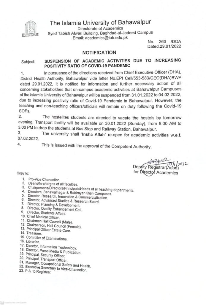 SUSPENSION OF ACADEMIC ACTIVITIES DUE TO INCREASING POSITIVITY RATIO OF COVID-19 PANDEMIC