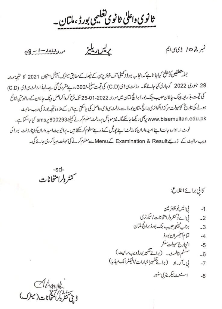 Schedule of Declaration of Result SSC Special Exams 2021 | BISE Multan
