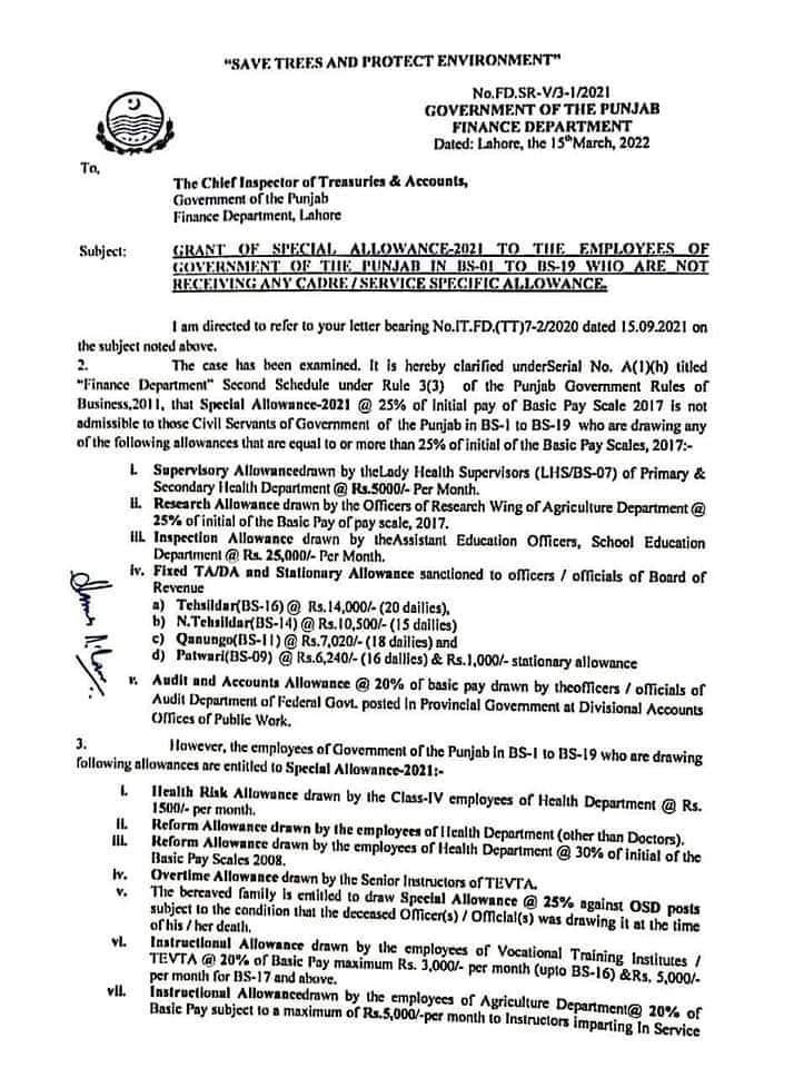 Clarification Grant of Special Allowance 2021 Punjab Employees BPS-01 to BPS-19