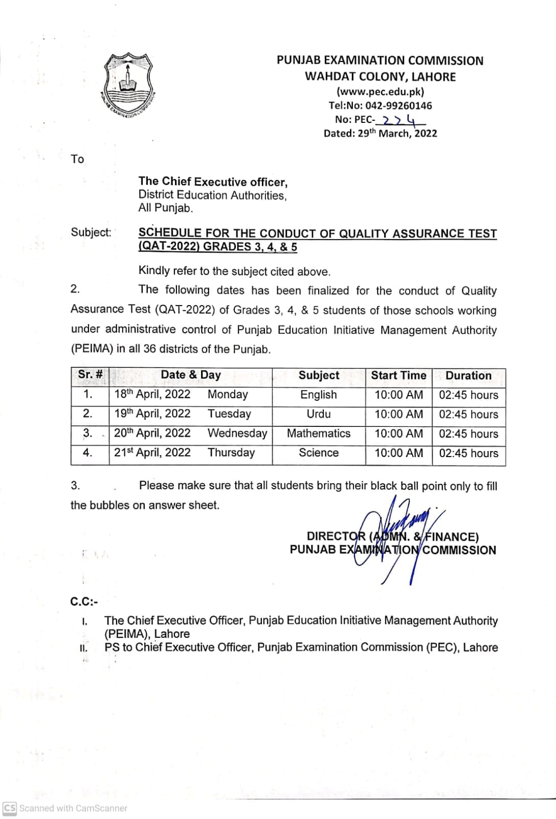 SCHEDULE FOR THE CONDUCT OF QUALITY ASSURANCE TEST (QAT-2022)