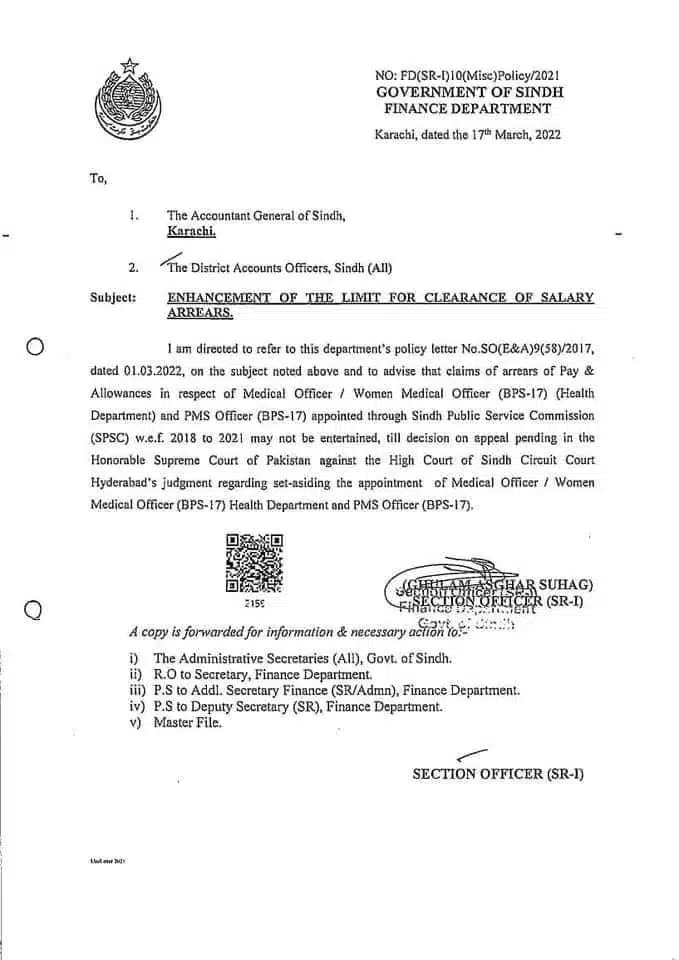 Enhancement of Limit for Clearance of Salary Arrears | Sindh