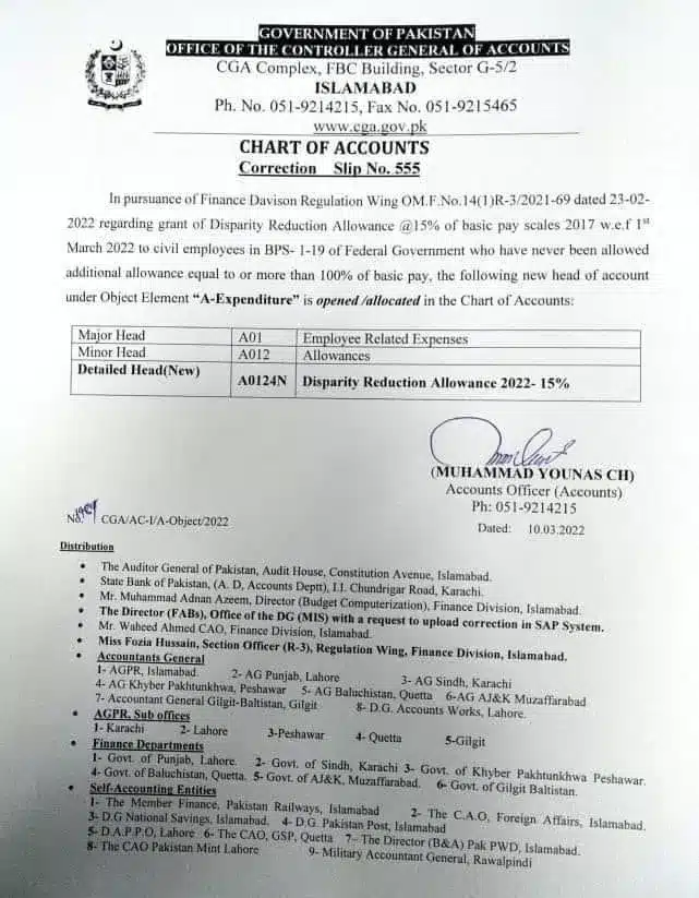 Government of Pakistan, Office of the Controller General Accounts has issued a