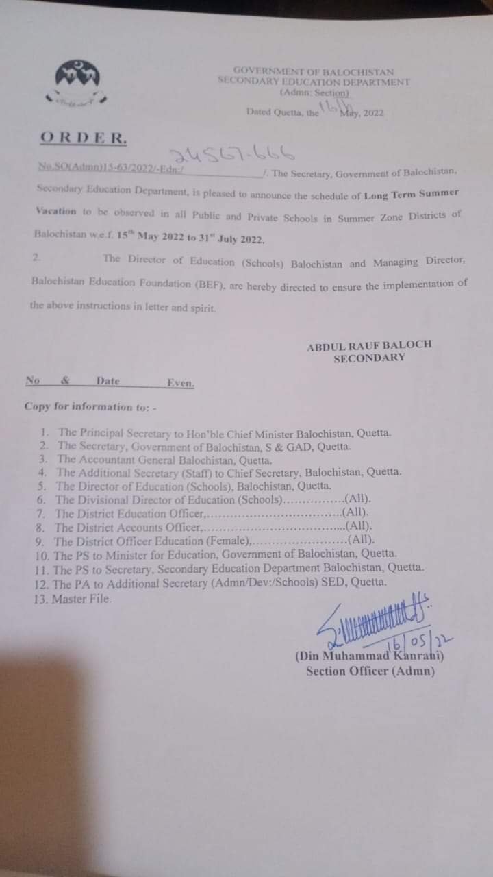 Notification of Summer Vacation 2022 Balochistan Schools