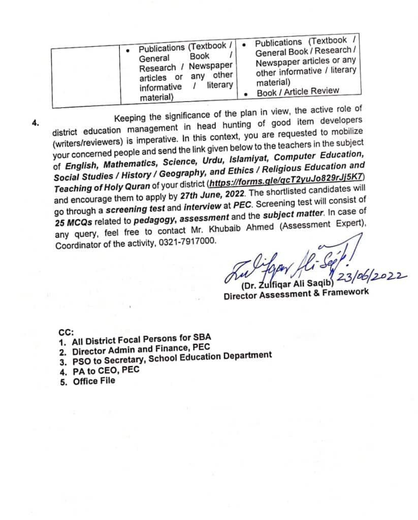 Selection of ITEM Bank Developers for PEC in Punjab