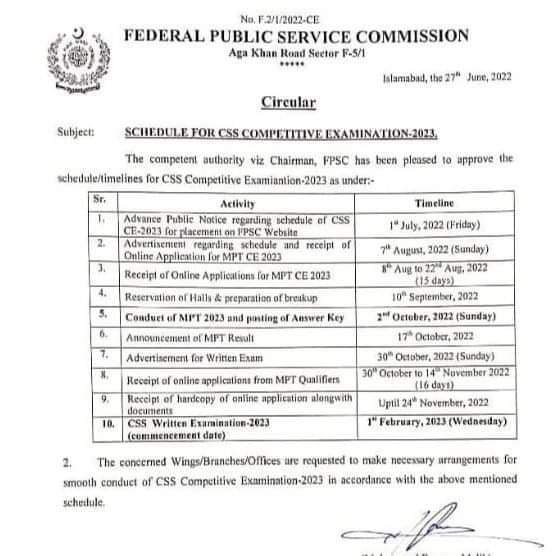CSS – 2023 Schedule Approved by Federal Public Service Commission FPSC