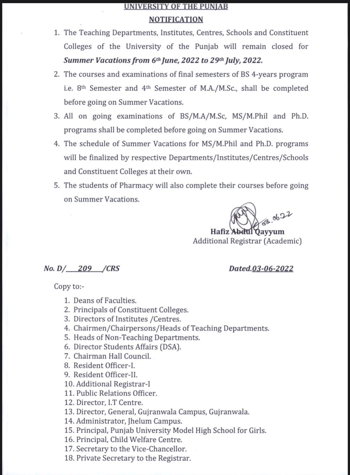 Notification of Summer Vacation 2022 in Punjab University