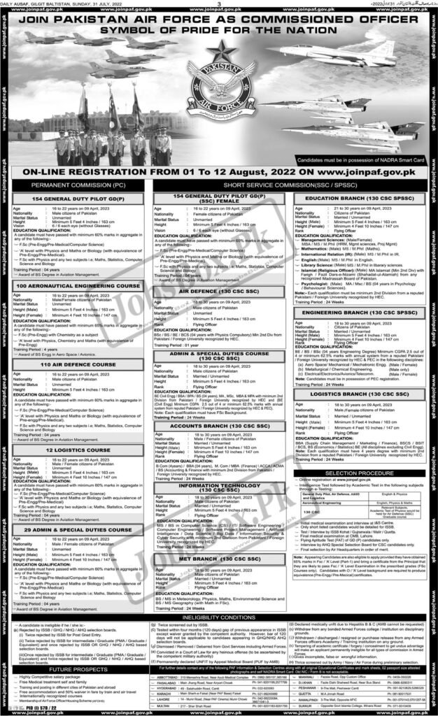 Join Pakistan Air Force Jobs Vacancies 2022 PC and SSC