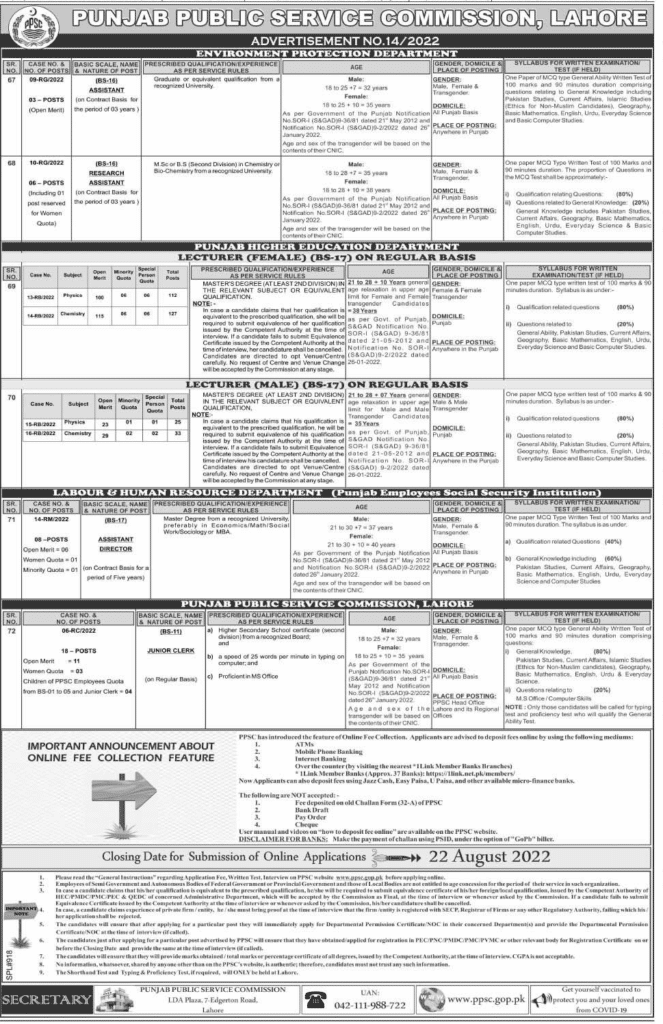 Lecturers and Junior Clerks Jobs 2022 PPSC Advertisement No.14/2022