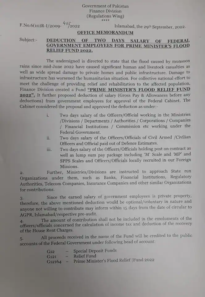 Salary Deduction For Flood Relief 2022 Federal , KPK , Punjab Govt