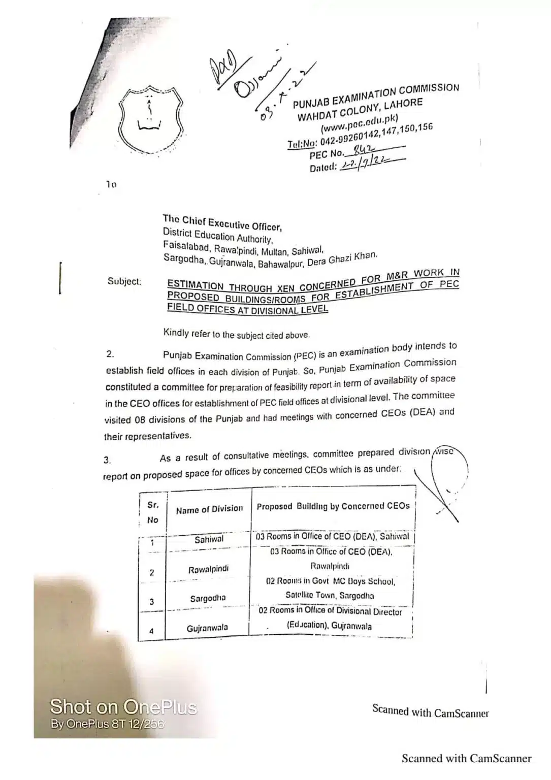 Establishment of PEC Filed Offices at Divisional Level 2022