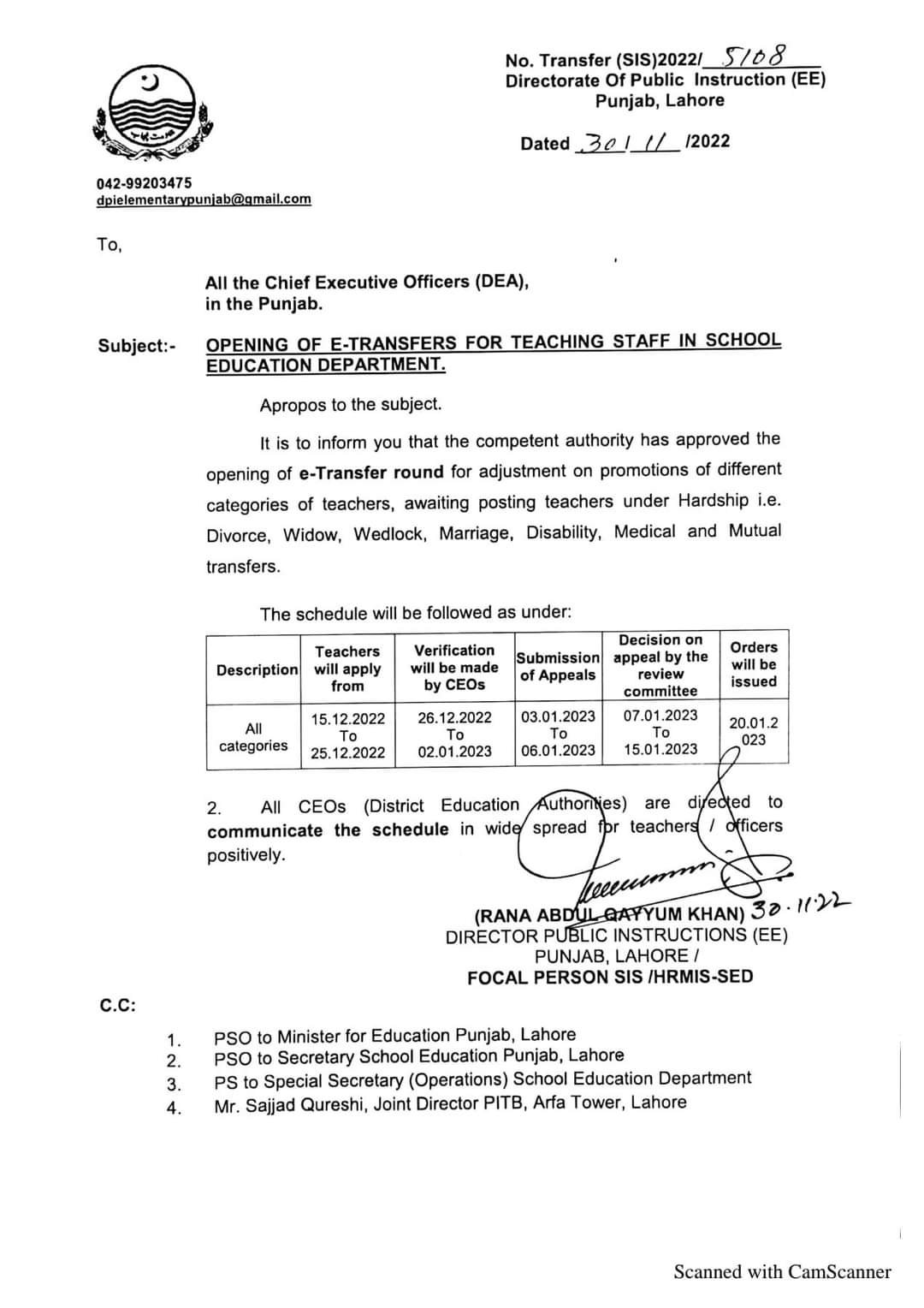 OPENING OF E-TRANSFERS FOR TEACHING STAFF IN SED PUNJAB 2022