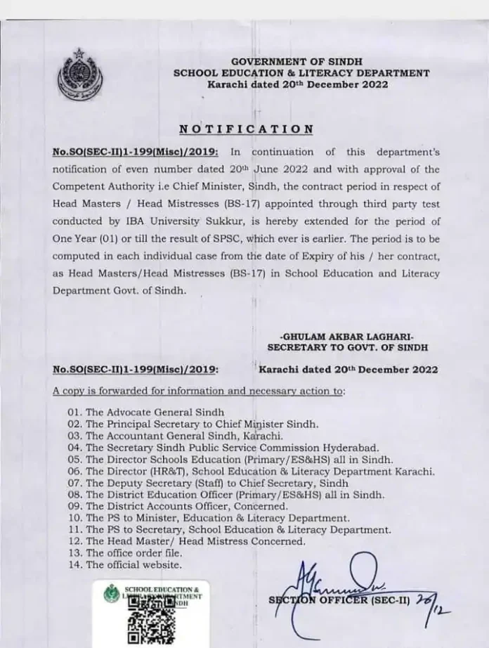 Extension in Contract of Headmasters/Headmistress Sindh Education 2023