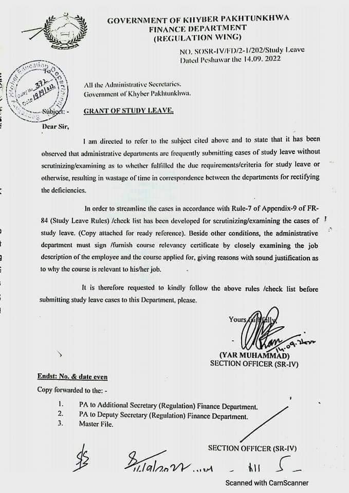 Notification of Grant of Study Leave KPK and Documents Required