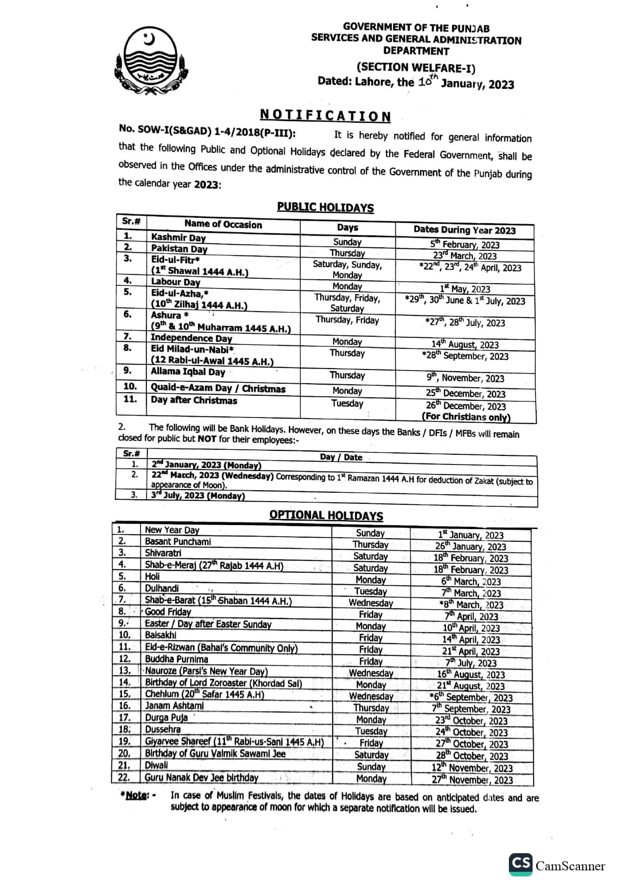 Notification of Public and Optional Holidays for the Year 2023 Punjab
