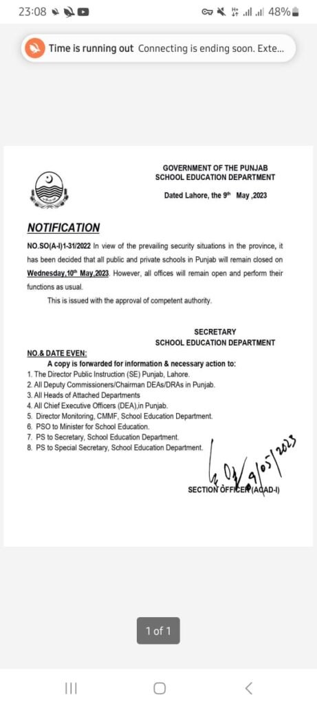Closure of Schools of Punjab on 10th May 2023