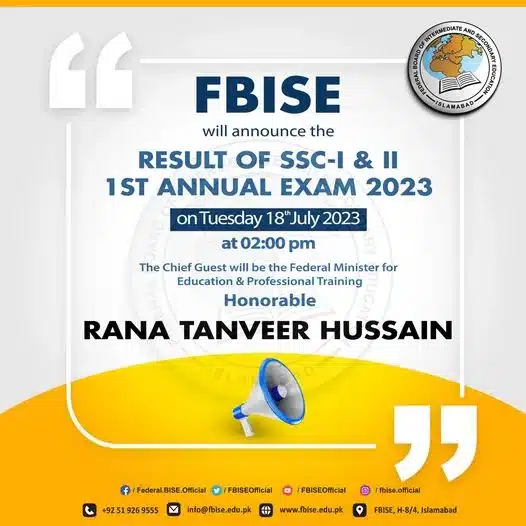 FBISE Islamabad Result SSC-I & II 1st Annual Exams Result 2023