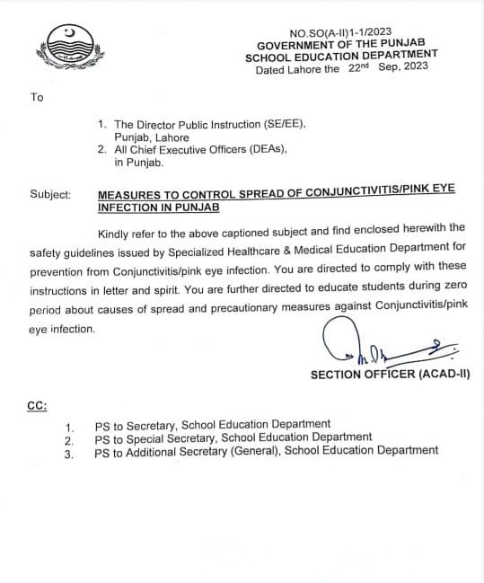Measures to Control Spread of Conjunctivitis/Pink Eye Infection in Punjab Schools