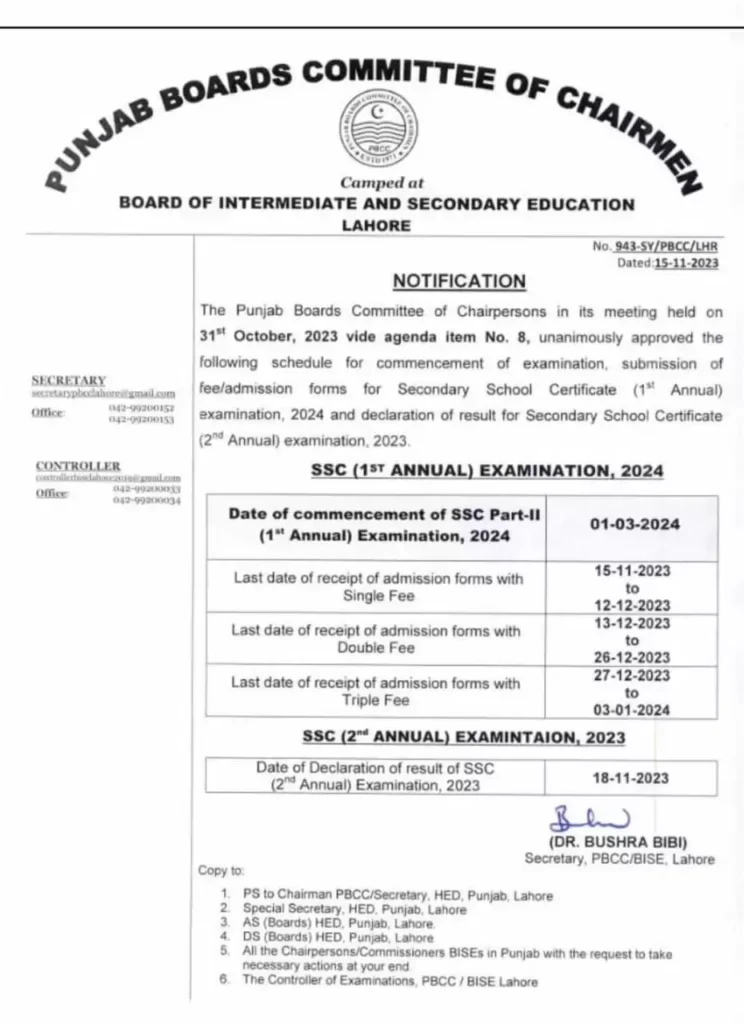 Schedule of SSC-I and SSC-II Annual Exams 2024 Punjab Boards (BISEs)