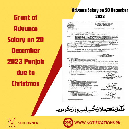Grant of Advance Salary on 20 December 2023 Punjab due to Christmas