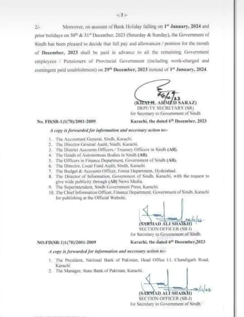Advance Payment To Govt Employees on Bank Holidays 2024 Sindh