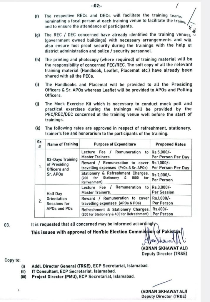 Training Schedule of Presiding Officers and Polling Officers for GE 2024 ECP