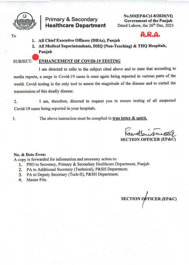 COVID-19 Testing Directive Issued by Punjab Healthcare Department 2023