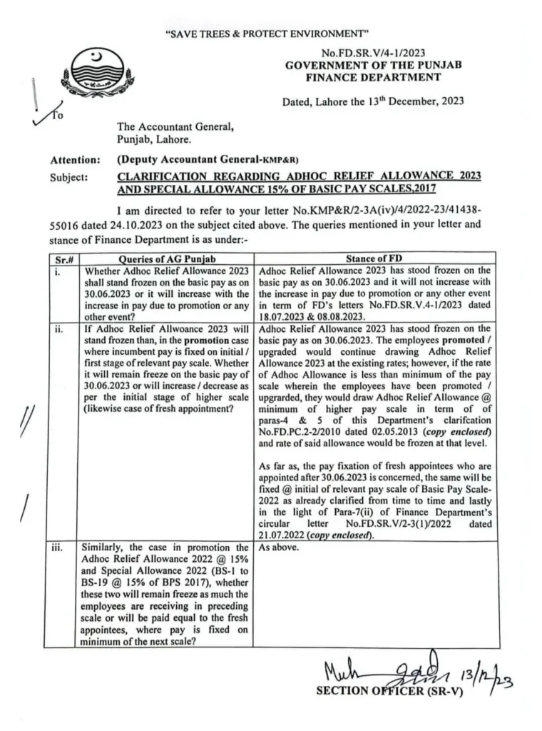 Clarification Adhoc Relief Allowance 2023 and Special Allowance Punjab