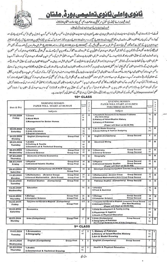 SSC 1st Annual Examination Datesheet 2024 BISE Multan