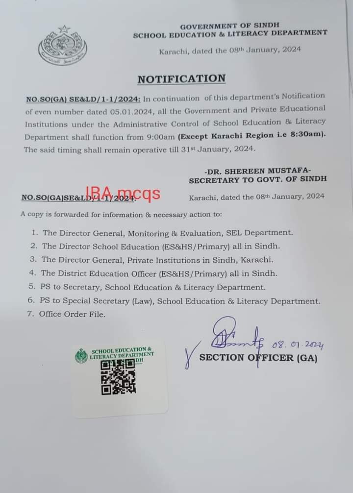 Sindh Education Department Notification on School Timings for January 2024
