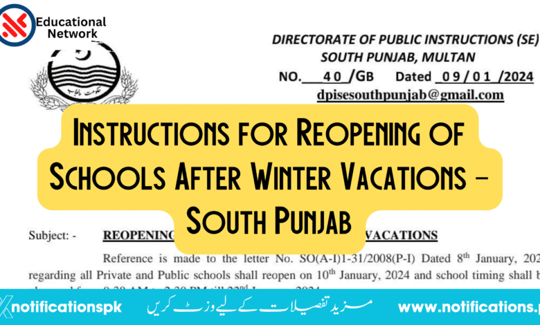 Instructions for Reopening of Schools After Winter Vacations - South Punjab